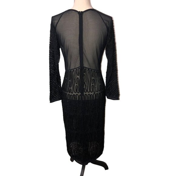Black Beaded Sheer Mesh Dress Size M Long Sleeve Midi Sheath Goth Retro Whimsy - Picture 2 of 10